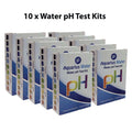 Bulk pack of 10 Alkaline World pH water test kits showing color comparison charts and testing tools for water pH measurement.