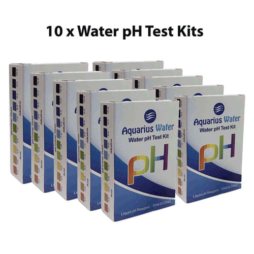 Bulk pack of 10 Alkaline World pH water test kits showing color comparison charts and testing tools for water pH measurement.