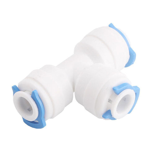 Aquarius Water 1/4-inch 3-way union tee connector for water tubing, quick-connect fitting for plumbing systems.