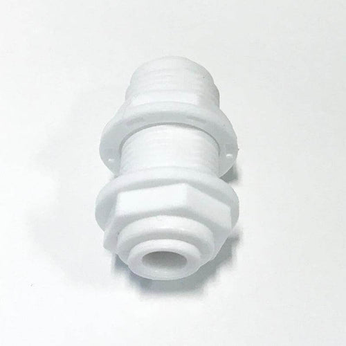 Aquarius Water 1/4-inch bulkhead connector for water systems, showing a close-up of the durable plastic fitting.