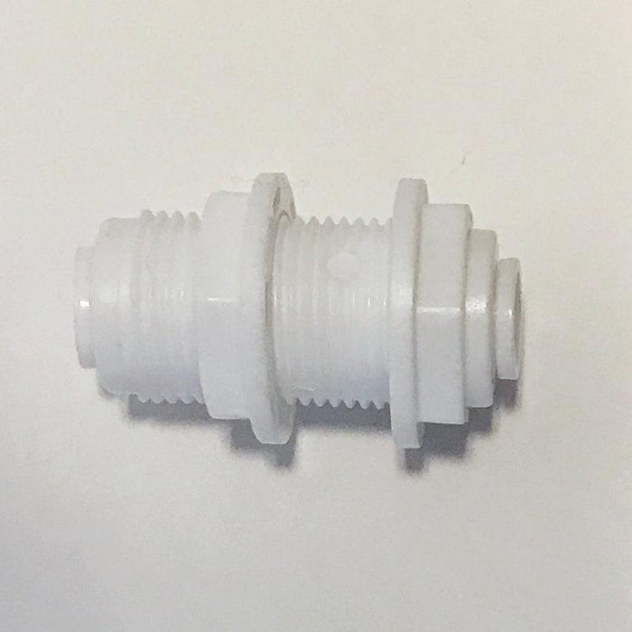 Aquarius Water 1/4-inch bulkhead connector for water piping, shown with threaded ends and durable plastic construction.