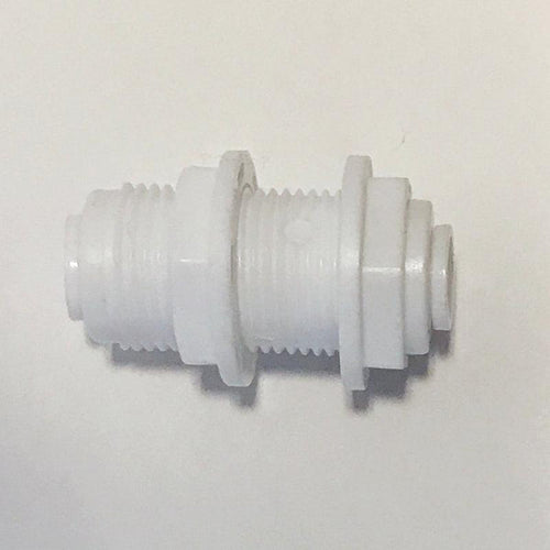 Aquarius Water 1/4-inch bulkhead connector for water piping, shown with threaded ends and durable plastic construction.