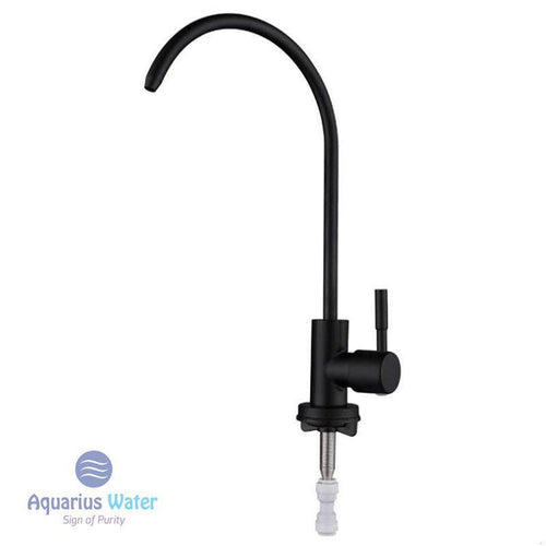 Black 1/4-inch kitchen water faucet by Aquarius Water, metal tap with modern design and easy-to-use spout.