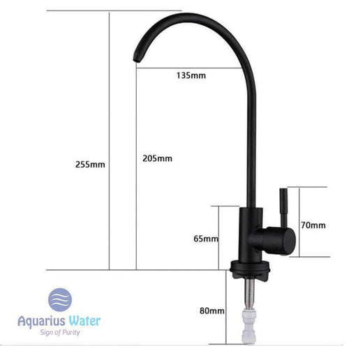 Black 1/4 inch kitchen water faucet by Aquarius Water, sleek modern design for kitchen sink use.