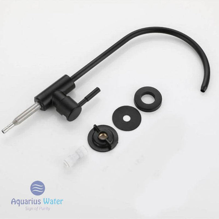 Black 1/4" kitchen water faucet from Aquarius Water, featuring a modern design for kitchen sink installation.