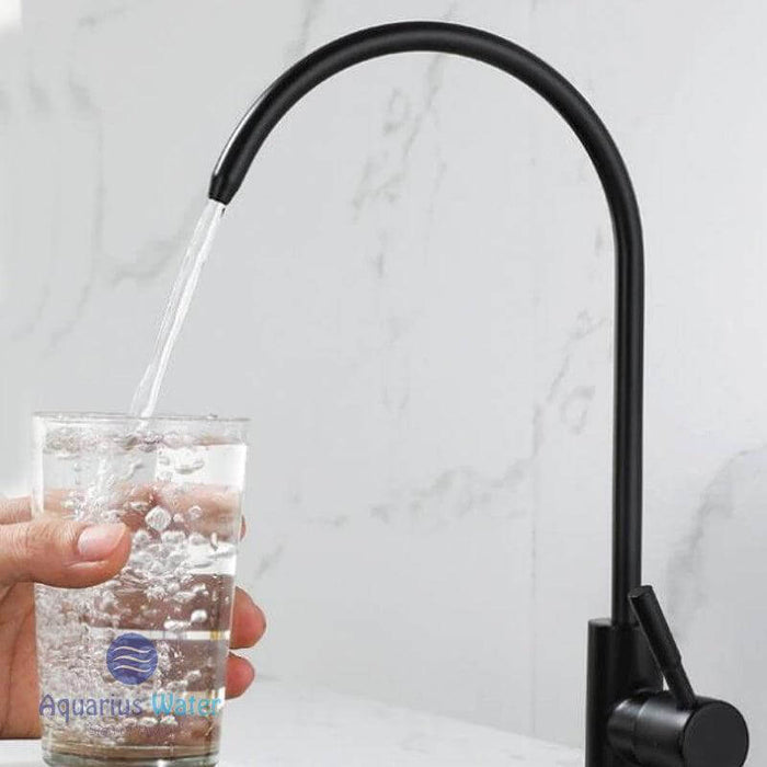 Black 1/4" kitchen tap water faucet by Aquarius Water showing a sleek, modern design with a spout and handle.