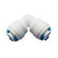 Aquarius Water 1/4-inch to 1/4-inch water elbow connector for plumbing, shown connected in a water pipe system.