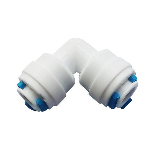 Aquarius Water 1/4-inch to 1/4-inch water elbow connector for plumbing, shown connected in a water pipe system.