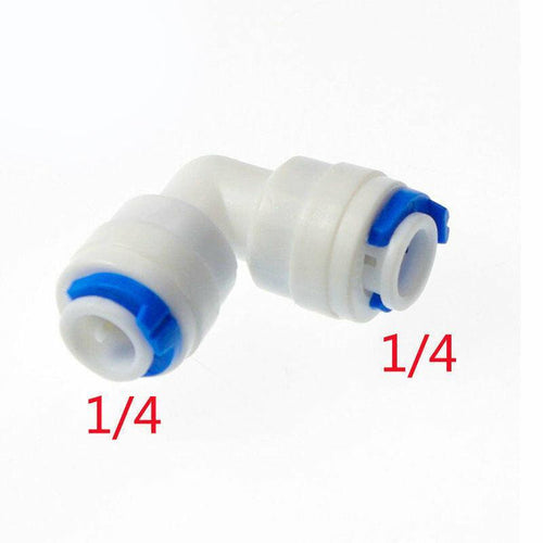 Aquarius Water 1/4-inch to 1/4-inch water elbow connector showing angled pipe fitting for plumbing connections.