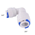 Aquarius Wellness 1/4" to 3/8" elbow connector for plumbing or tubing, showing a metal elbow fitting with threaded ends.