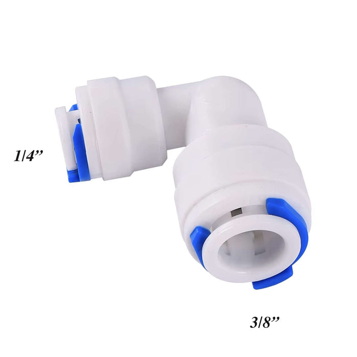 Aquarius Wellness 1/4" to 3/8" elbow connector for plumbing or tubing, showing a metal elbow fitting with threaded ends.