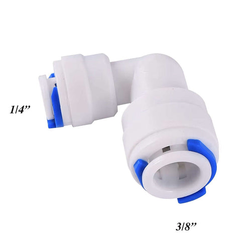 Aquarius Wellness 1/4" to 3/8" elbow connector for plumbing or tubing, showing a metal elbow fitting with threaded ends.
