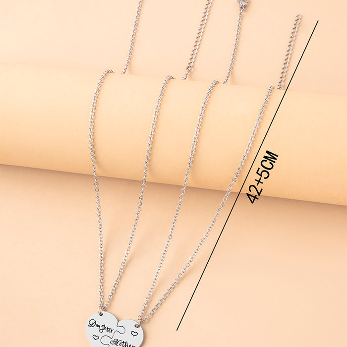 2 PCS Love Daughter Mother Puzzle Heart Pendant Necklace Silver Stainless Steel