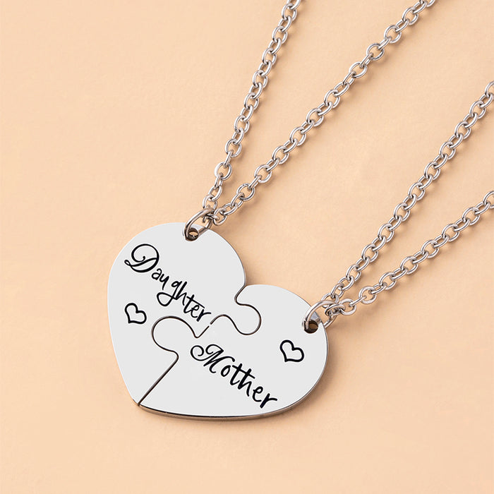 2 PCS Love Daughter Mother Puzzle Heart Pendant Necklace Silver Stainless Steel
