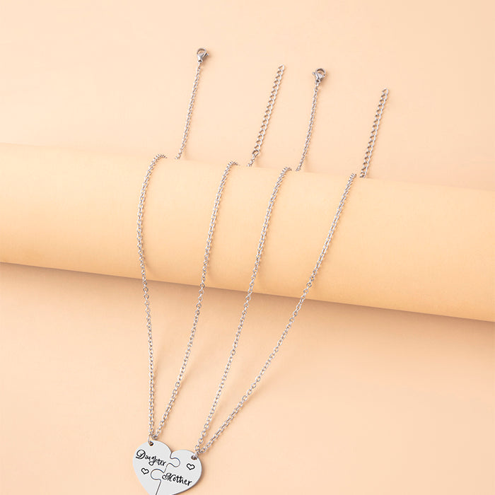 2 PCS Love Daughter Mother Puzzle Heart Pendant Necklace Silver Stainless Steel