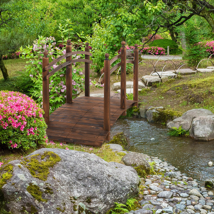 7.5' Fir Wood Garden Bridge Arc Walkway with Side Railings, Perfect for Backyards, Gardens, & Streams, Carbonized