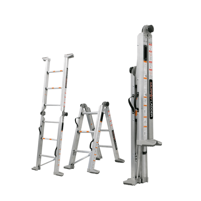 Murphy Door® aluminum folding ladders shown in three positions - extended, A-frame, and folded - featuring safety markings and sturdy design.