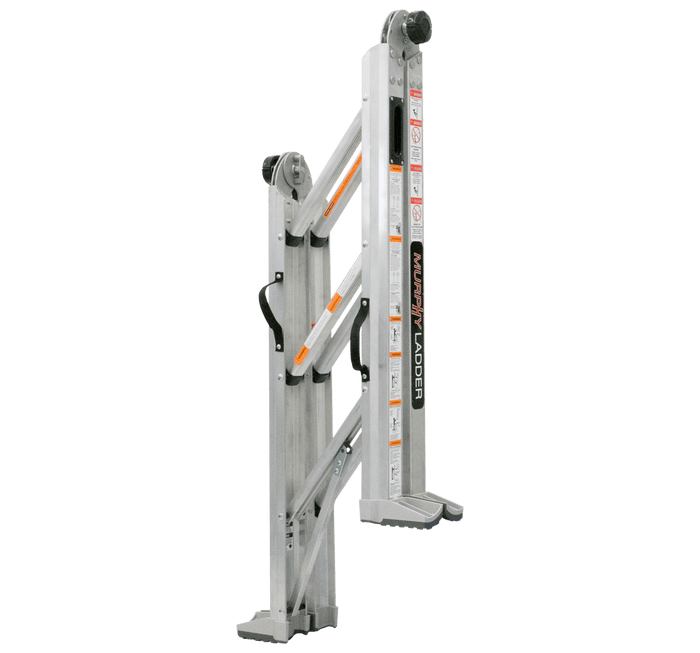 Murphy Door® aluminum folding ladder with safety features, compact design, and non-slip feet in silver finish.