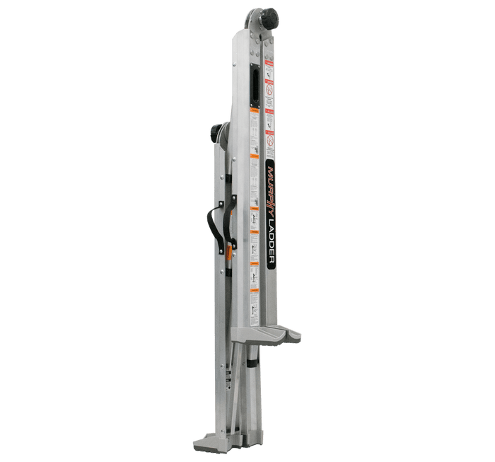 Murphy Door® Multi-Fit aluminum ladder in silver finish with safety labels, folded position, featuring adjustable mechanisms and sturdy design.