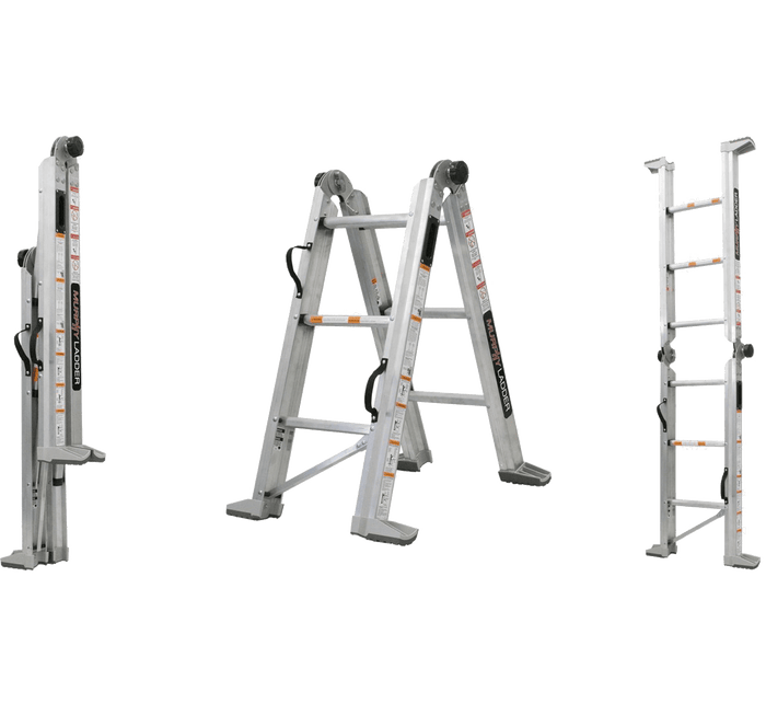 Murphy Door® aluminum multi-position ladder shown folded, unfolded as A-frame, and extended, featuring safety labels and non-slip feet.
