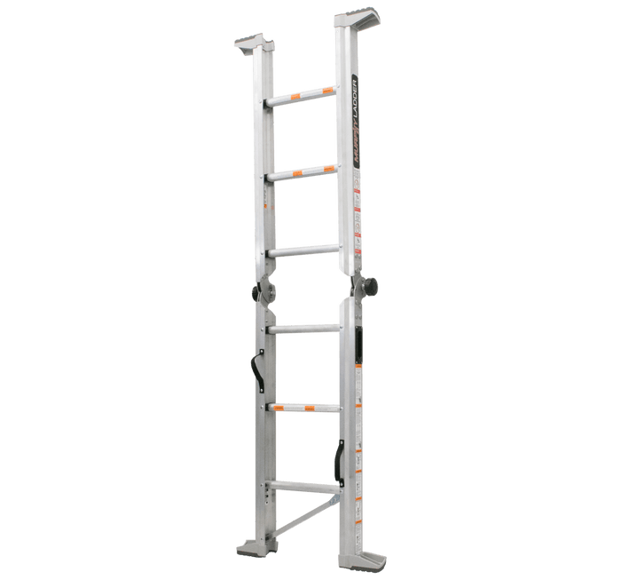 Silver aluminum folding ladder with orange safety markings and adjustable height mechanism from Murphy Door®