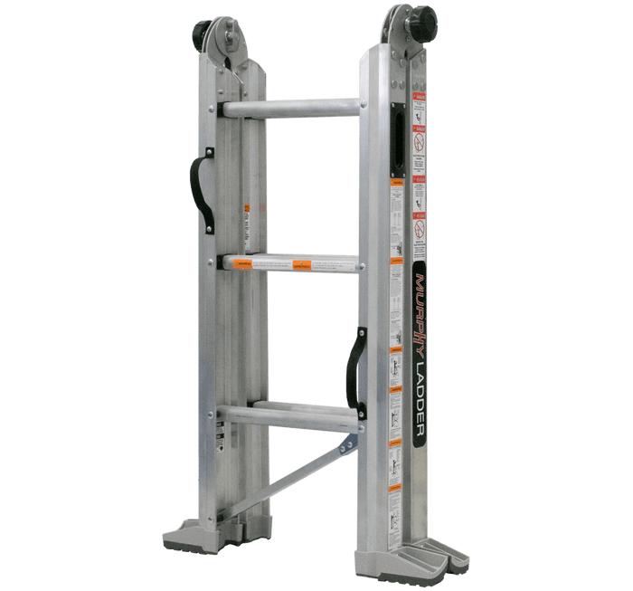 Murphy Door® aluminum multi-position folding ladder with adjustable height mechanism, safety features, and non-slip feet.