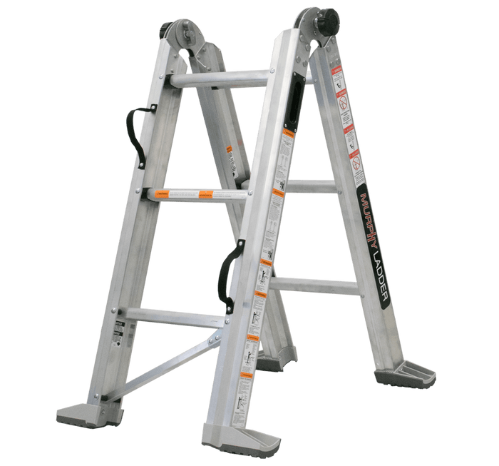 Aluminum Murphy Ladder® multi-position folding stepladder with safety labels, non-slip feet, and black carrying handles.