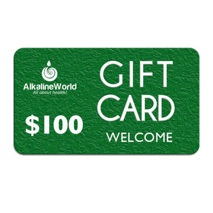 Alkaline World gift card with a $10 value, featuring brand logo and vibrant design, suitable for gifting or online purchases.
