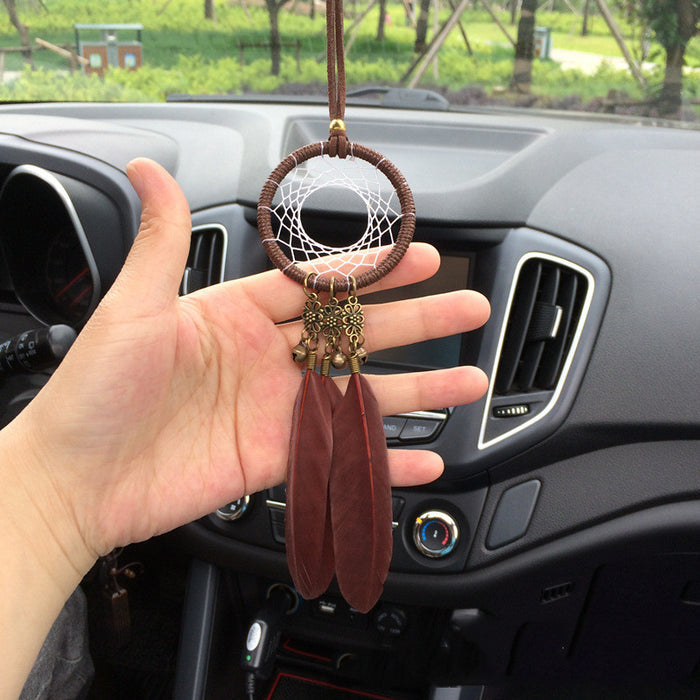 Feather Dreamcatcher Car Pendant - Boho Rearview Mirror Hanging Ornament with Bell