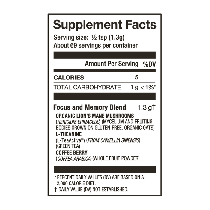 Laird Superfood focus and memory mushroom blend nutritional facts.