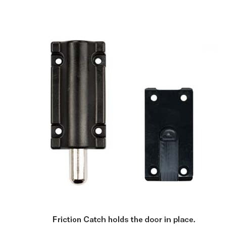 Murphy Door® friction catch hardware in black metal with mounting plate - secures doors in closed position.