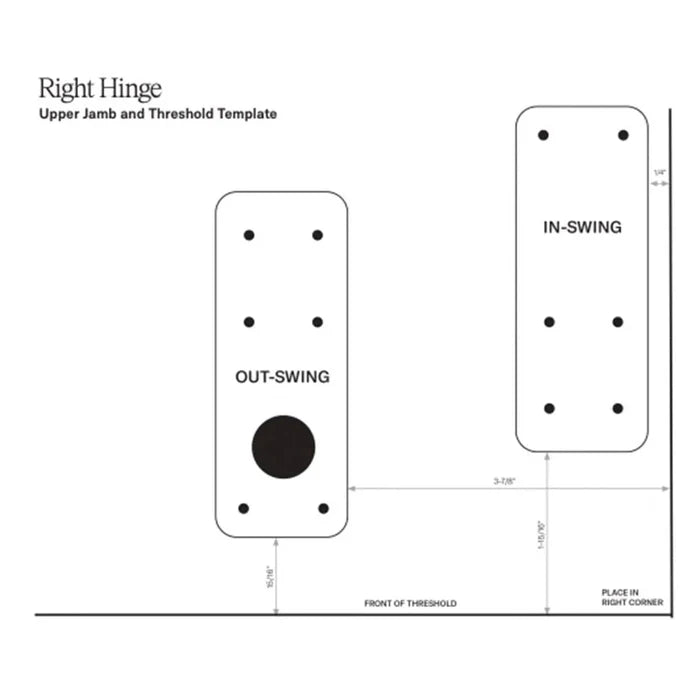 Murphy Door® template for right hinge installation, detailing 'IN-SWING' and 'OUT-SWING' placements and measurements.