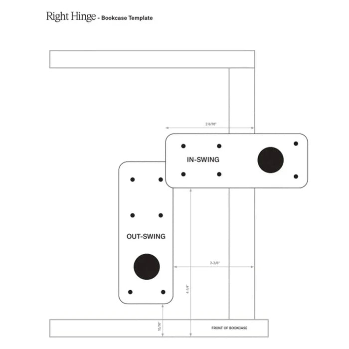 Murphy Door® Right Hinge Bookcase Template for in-swing and out-swing secret doors, with key dimensions.