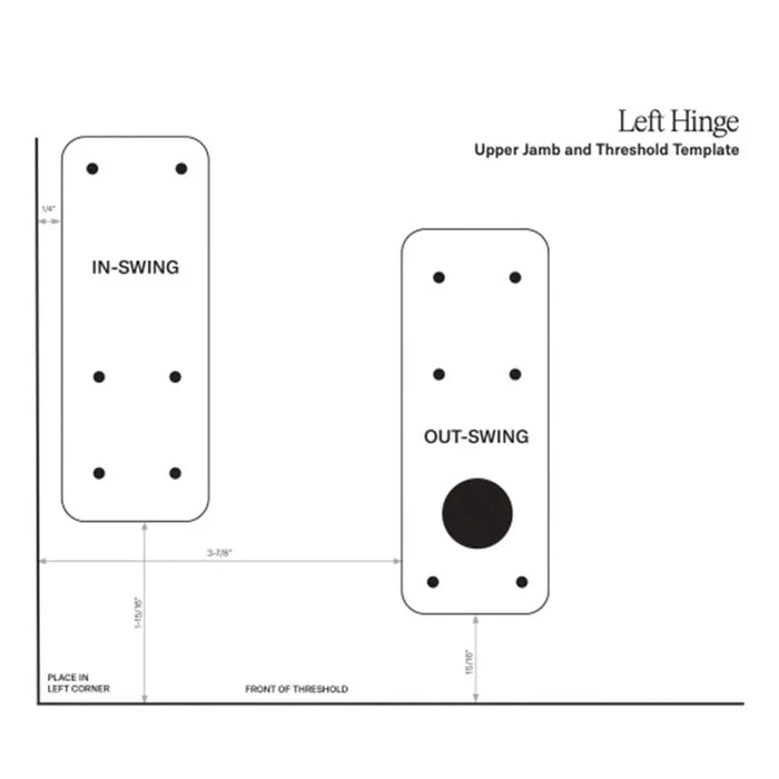 Murphy Door® left hinge upper jamb and threshold template, white with black markings for in-swing and out-swing doors.