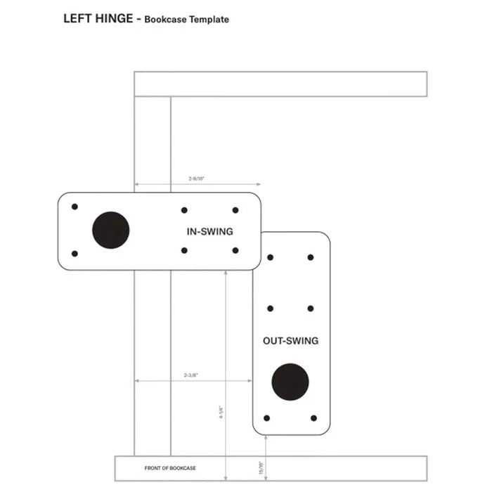 Murphy Door® LEFT HINGE - Bookcase Template diagram showing IN-SWING and OUT-SWING hinge plates with dimensions.