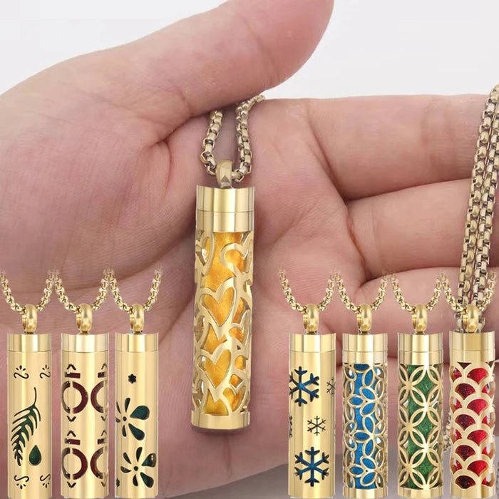 Gold Stainless Steel Aromatherapy Necklace - Cylindrical Hollow Pendant Essential Oil Diffuser