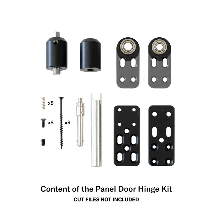 Murphy Door® Panel Door Hinge Kit components including black cylinders, metal brackets, screws, and mounting plates for hidden door installation.