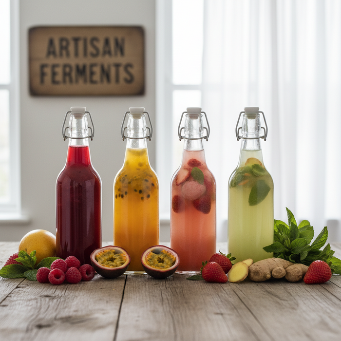 Colorful homemade fermented sodas in swing-top glass bottles with fresh fruit and herbs