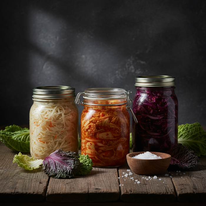 Sauerkraut and kimchi in glass mason jars with fresh cabbage and salt