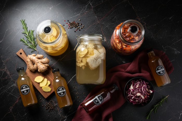 Premium fermentation jars with ginger root and kombucha bottles on dark marble