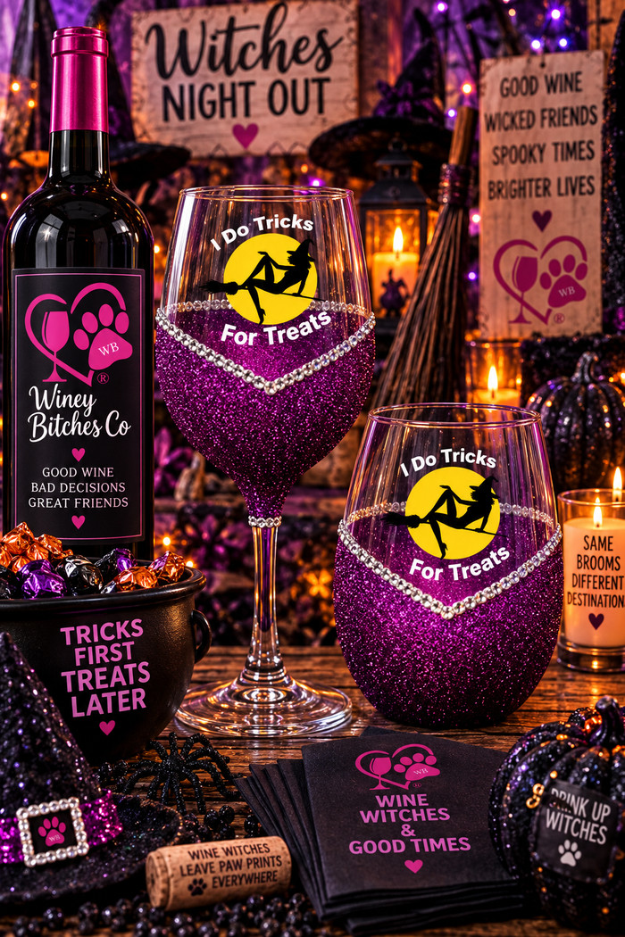 I Do Tricks For Treats Halloween Bling Stem or Stemless Wine Glasses-Choose your color