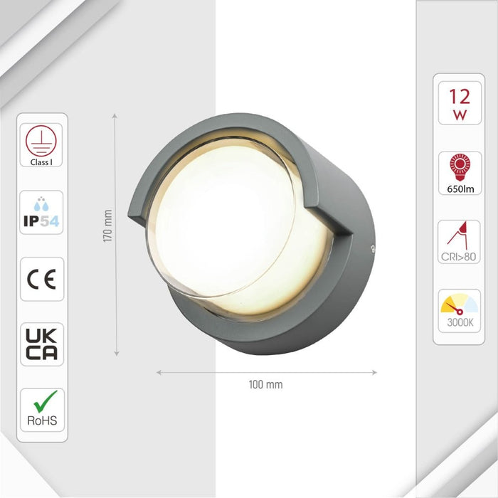 LED Diecast Aluminium Round Hood Wall Lamp 12W IP54 Grey