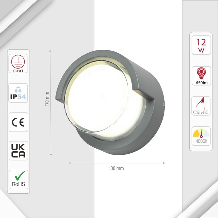 LED Diecast Aluminium Round Hood Wall Lamp 12W IP54 Grey