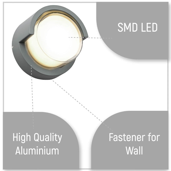 LED Diecast Aluminium Round Hood Wall Lamp 12W IP54 Grey