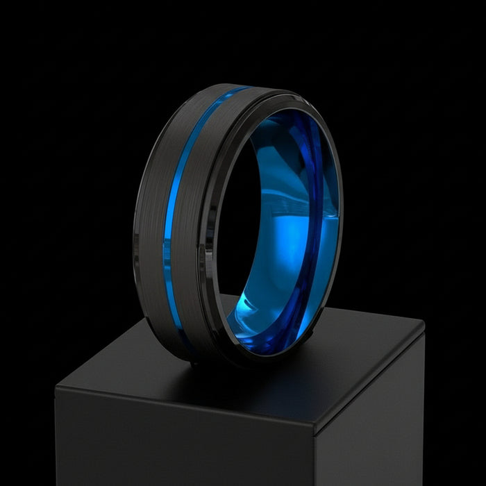 Men Jewelry 8Mm Wide Slotted Blue And Black Tungsten Steel Ring Jewelry