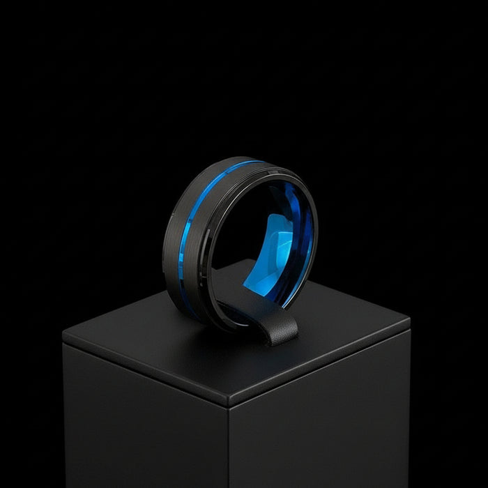 Men Jewelry 8Mm Wide Slotted Blue And Black Tungsten Steel Ring Jewelry