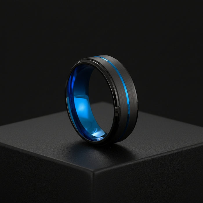 Men Jewelry 8Mm Wide Slotted Blue And Black Tungsten Steel Ring Jewelry