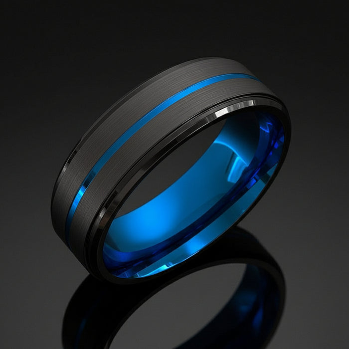 Men Jewelry 8Mm Wide Slotted Blue And Black Tungsten Steel Ring Jewelry