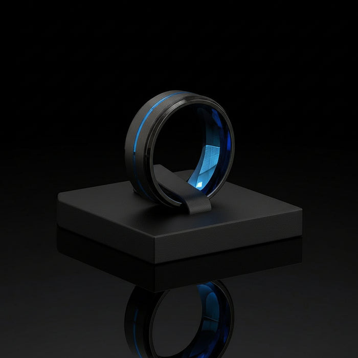Men Jewelry 8Mm Wide Slotted Blue And Black Tungsten Steel Ring Jewelry
