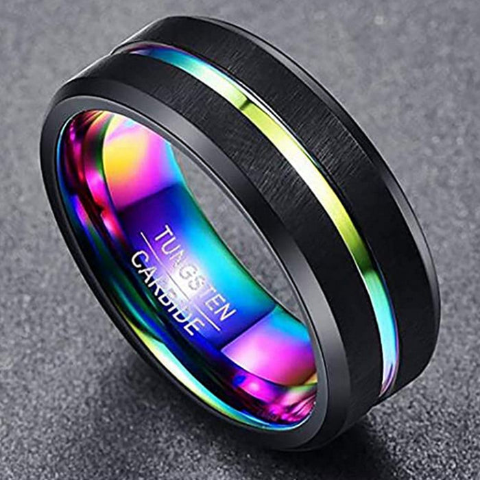 Men Jewelry 8Mm Wide Slotted Blue And Black Tungsten Steel Ring Jewelry
